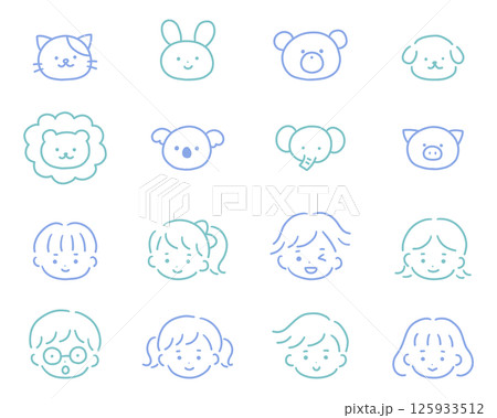 手書きのかわいいアイコンのベクターイラストセット。手描き、動物、子供、落書き 125933512