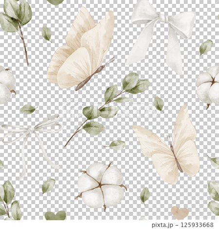Watercolor Butterfly seamless pattern with soft bows, cotton pods, and eucalyptus branches. Illustration of background for baby textiles, nursery wallpaper, and surface projects. Backdrop for ornament Watercolor Butterfly seamless pattern with soft bows, cotton pods, and eucalyptus branches. Illustration of background for baby textiles, nursery wallpaper, and surface projects. Backdrop for ornament 125933668