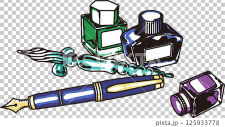 ガラスペンと万年筆とボトルインクのイラスト 125933778