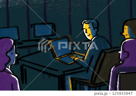 The team meeting is currently in progress, involving laptops and lively discussion 125933847