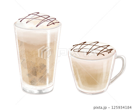 アイスとホットのほうじ茶ラテのイラスト グラスとガラスのマグカップ 125934184