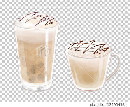 アイスとホットのほうじ茶ラテのイラスト グラスとガラスのマグカップ 125934184