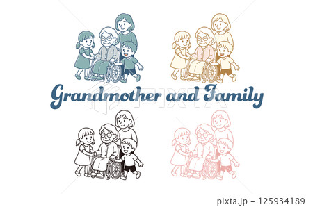 車椅子に乗っているおばあちゃんと家族のイラスト 125934189