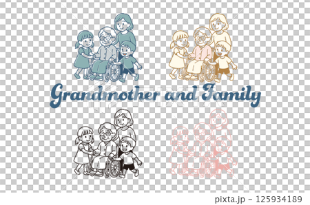 車椅子に乗っているおばあちゃんと家族のイラスト 125934189
