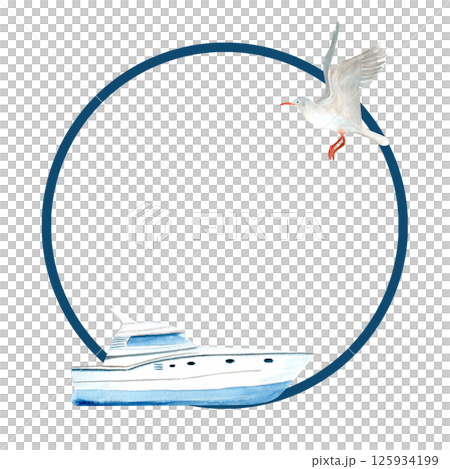 Yacht and seagull watercolor round frame isolated on white. Hand painted clip art perfect for cards, posters, advertisements, invitations, guides, stationary, books. Travel, voyage design. Blue white Yacht and seagull watercolor round frame isolated on white. Hand painted clip art perfect for cards, posters, advertisements, invitations, guides, stationary, books. Travel, voyage design. Blue white 125934199