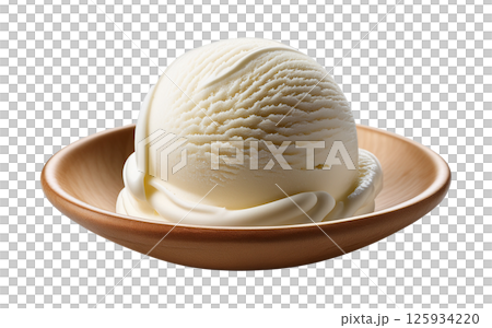 Creamy Vanilla Ice Cream Scoop in Wooden Bowl 125934220