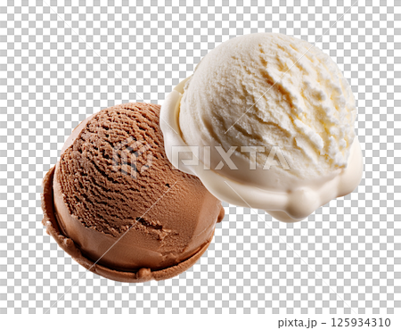 Two Floating and Flying Scoops of Chocolate and Vanilla Ice Cream Two Floating and Flying Scoops of Chocolate and Vanilla Ice Cream 125934310