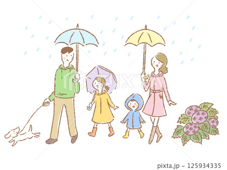 雨の日に家族で犬の散歩をする手描き風イラスト 125934335