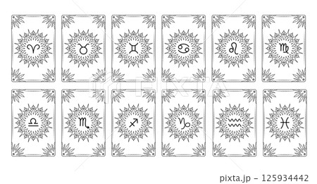 Set of tarot cards with zodiac signs in line art style Set of tarot cards with zodiac signs in line art style 125934442