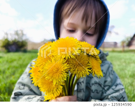Cute Little Boy Picks Flowers In A Field On A Background Of Sky. Child looks at the dandelion flowers and smiles. small child, boy with yellow flowers 125934590