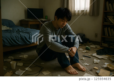 散らかった部屋で孤独に過ごす引きこもりの若い男性 散らかった部屋で孤独に過ごす引きこもりの若い男性 125934635
