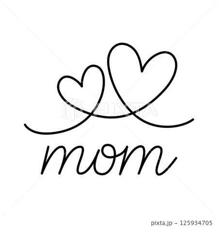 Continuous line art forms two connected hearts, symbolizing love for mom. 125934705