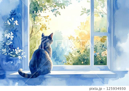 庭の花を見る猫 125934930