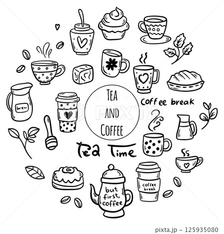 Cute doodle coffee and tea shop icons. Outline coffee and tea drawings for cafe menu Cute doodle coffee and tea shop icons. Outline coffee and tea drawings for cafe menu 125935080