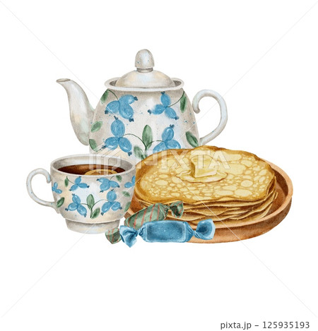 Pancakes with butter, Teapot and cup of tea with blue pattern and candies composition on white. Holiday Maslenitsa. Watercolor illustration for packaging, kitchen textiles, napkins, labels, packaging. Pancakes with butter, Teapot and cup of tea with blue pattern and candies composition on white. Holiday Maslenitsa. Watercolor illustration for packaging, kitchen textiles, napkins, labels, packaging. 125935193
