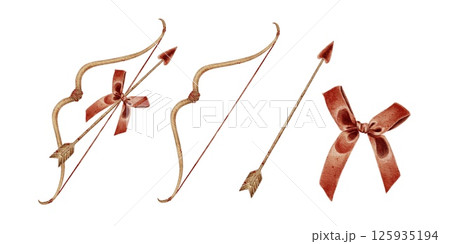 Bow and arrow for Cupid for Valentines Day with red bow composition set in realistic style on white. Watercolor illustration for postcards, wedding invitations, holidays, stickers. Bow and arrow for Cupid for Valentines Day with red bow composition set in realistic style on white. Watercolor illustration for postcards, wedding invitations, holidays, stickers. 125935194