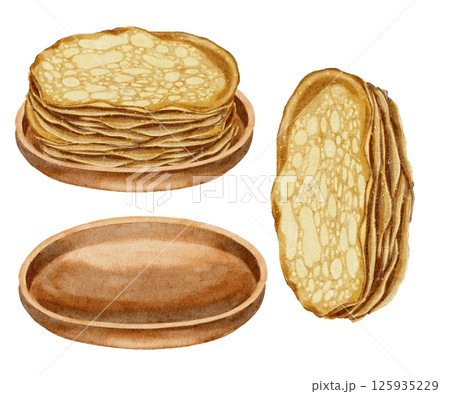 A stack of appetizing pancakes in wooden plate for the holiday of Maslenitsa, watercolor illustration set on white. For restaurant menus, recipe books, cooking, printing on kitchen utensils. A stack of appetizing pancakes in wooden plate for the holiday of Maslenitsa, watercolor illustration set on white. For restaurant menus, recipe books, cooking, printing on kitchen utensils. 125935229