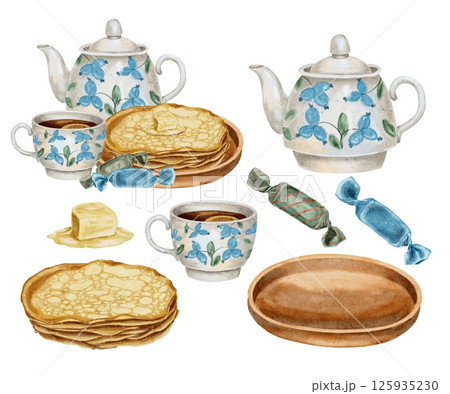 Pancakes with butter, Teapot and cup of tea with blue pattern and candies composition on white. Holiday Maslenitsa. Watercolor illustration for packaging, kitchen textiles, napkins, labels, packaging. Pancakes with butter, Teapot and cup of tea with blue pattern and candies composition on white. Holiday Maslenitsa. Watercolor illustration for packaging, kitchen textiles, napkins, labels, packaging. 125935230