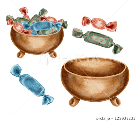 Wooden Russian traditional deep plate bowl with multicolored candies set on white. Watercolor illustration for labels, packaging, menus, decoration of compositions for holidays and festivals. 125935233