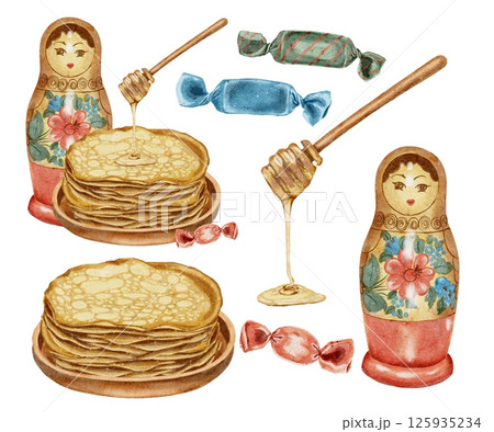 Pancakes in wooden plate with honey, russian doll matryoshka and red sweet candy set on white. Holiday Maslenitsa. Watercolor illustration for packaging, kitchen textiles, napkins, labels, packaging. Pancakes in wooden plate with honey, russian doll matryoshka and red sweet candy set on white. Holiday Maslenitsa. Watercolor illustration for packaging, kitchen textiles, napkins, labels, packaging. 125935234