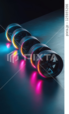 Neon-lit car tires in futuristic array with colorful reflections on dark surface highlighting modern automotive design and technology. Tires with rubber tread on alloy wheels 125935266