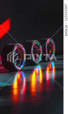 Vibrant reflections, three modern car tires illuminated by colorful neon lights showcasing futuristic automotive design. Tires with rubber tread on alloy wheels 125935267