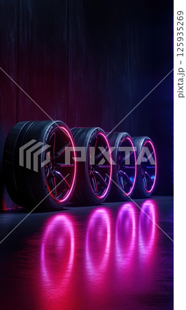 Colorful neon wheel display with vibrant red and purple reflections on a glossy dark surface, featuring a modern automotive design. Tires with rubber tread on alloy wheels 125935269