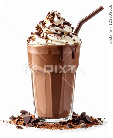 Creamy chocolate milkshake topped with whipped cream and chocolate shavings, served in glass with straw Creamy chocolate milkshake topped with whipped cream and chocolate shavings, served in glass with straw 125935616