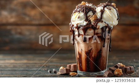 Decadent chocolate milkshake topped with whipped cream, ice cream, and chocolate syrup, garnished with nuts and chocolate pieces 125935618