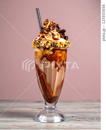 Decadent chocolate milkshake with whipped cream, chocolate drizzle, and colorful sprinkles in tall glass Decadent chocolate milkshake with whipped cream, chocolate drizzle, and colorful sprinkles in tall glass 125935656