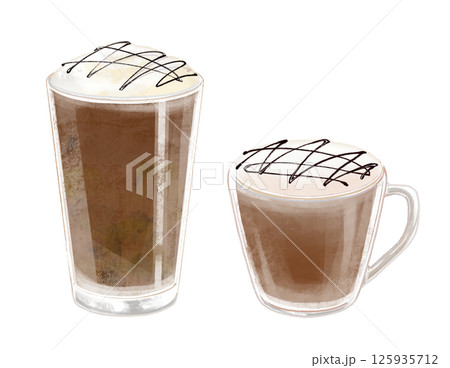 アイスとホットのカフェモカのイラスト グラスとガラスのマグカップ 125935712