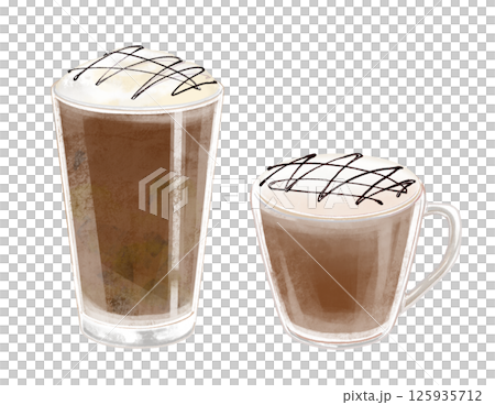 アイスとホットのカフェモカのイラスト グラスとガラスのマグカップ 125935712