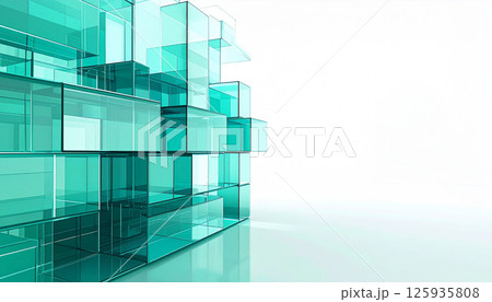 ガラスのような青緑キューブが重なり合う構成美 ガラスのような青緑キューブが重なり合う構成美 125935808