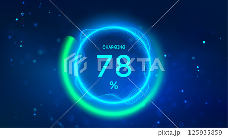 Battery charge 3d technology background. Car battery charging. Blue neon battery electric car vector. 125935859