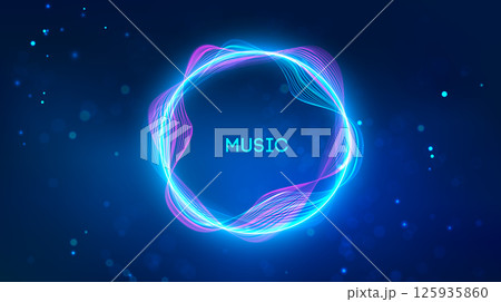 Sound background music waves. Futuristic neon technology music wave circle. Radial sound wave curve background. 125935860
