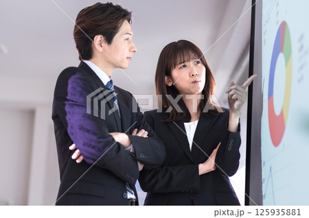 プレゼン内容に悩むスーツ姿の若い男女 125935881