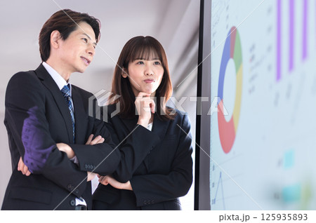 プレゼン内容に悩むスーツ姿の若い男女 125935893
