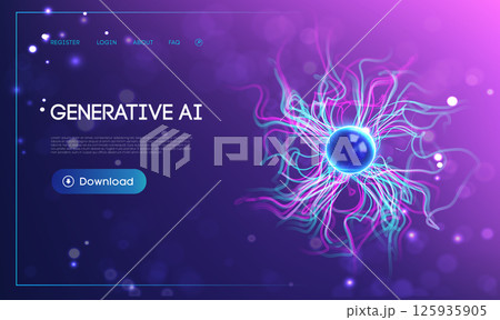 Futuristic generative ai technology background with glowing abstract neural network, blue energy sphere, and vibrant electric light trails data flow on a purple gradient background with UI elements. Futuristic generative ai technology background with glowing abstract neural network, blue energy sphere, and vibrant electric light trails data flow on a purple gradient background with UI elements. 125935905