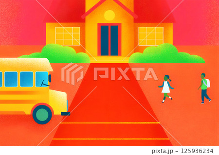 Children walk joyfully to school, with a bright yellow bus waiting, creating a colorful scene Children walk joyfully to school, with a bright yellow bus waiting, creating a colorful scene 125936234