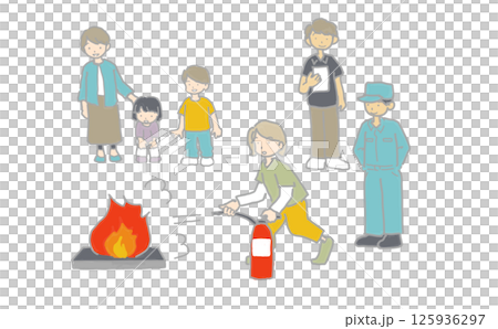 防災訓練で消火体験をする人々のイラスト 125936297