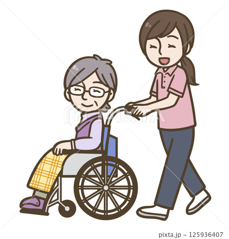 車椅子の高齢者と介護士の笑顔の介護イラスト 125936407