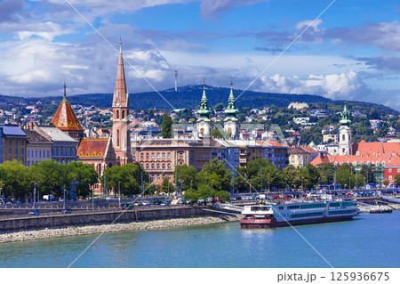 Beautiful capital of Hungary - Budapest. View of downtown and  Danube river with ferry boats.   125936675