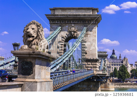 Beautiful capital of Hungary - Budapest old town. View with Chain bridge across the Danube river with lion sculpture. 125936681