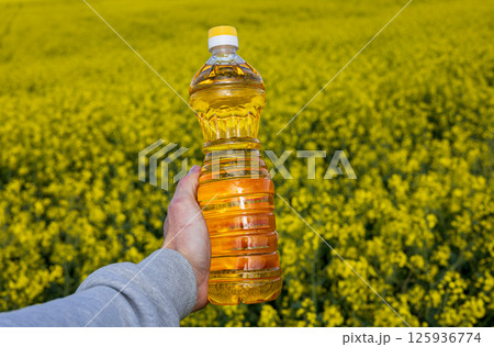 A hand holds a bottle of rapeseed oil in front of a vast yellow canola field under clear blue skies, symbolizing agriculture and growth 125936774
