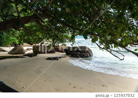 Shaded tropical beach on Seychelles island with white sand, granite boulders, calm waves 125937032