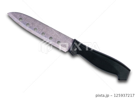 Top view of sharp Kitchen Knife with black handle isolated on white background. 125937217