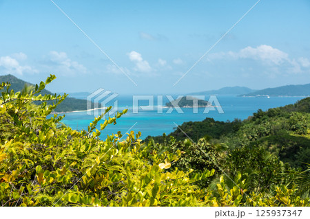 Tropical island view from the hills of Praslin, Seychelles, overlooking the ocean 125937347