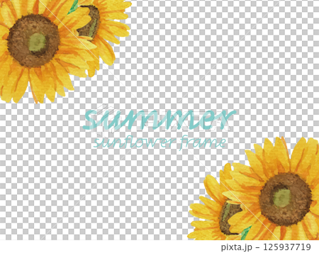 Frame illustration with hand-drawn watercolor sunflowers arranged in the top left and bottom right (with sample text) 125937719
