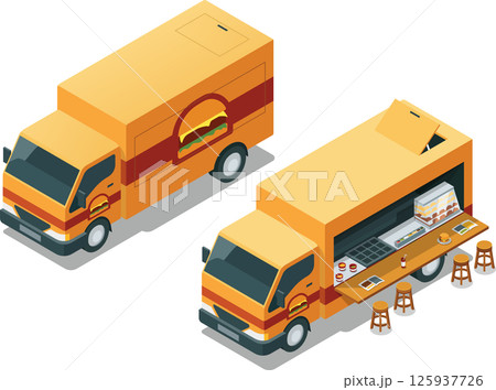 Burger food truck with opened shop model - Isometric food vehicle set 125937726