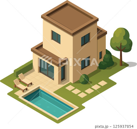 Isometric modern house with outdoor pool Isometric modern house with outdoor pool 125937854